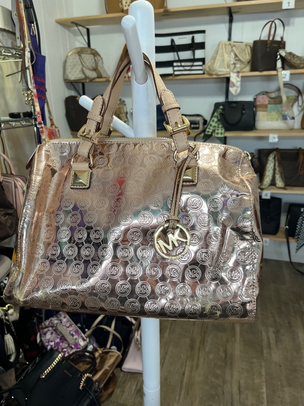 Michael Kors Metallic Rose Gold Satchel with MK Charm